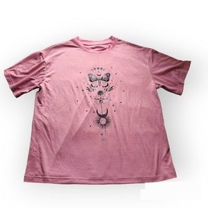 Dusty rose pink size M soft tee with moth celestial black print